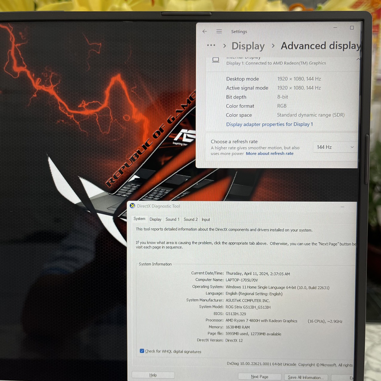  Asus ROG Strix G15 G513IH Ryzen 7-4800H RAM  16Gb SSD 512gb GTX 1650 4GB MÀN HÌNH : 15.6 FHD IPS 144Hz