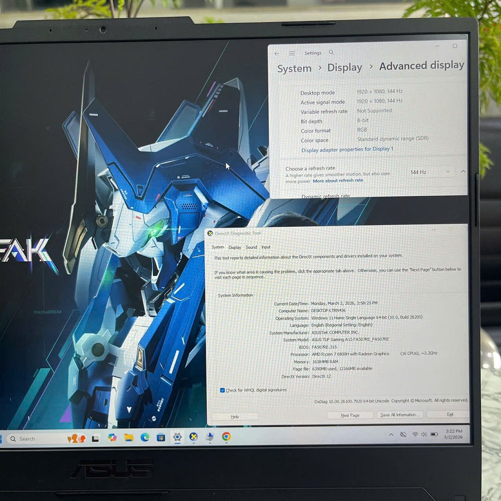 Gaming - Đồ Họa ASUS TUF A15 FA507RE-HN007W Ryzen™ 7-6800H Ram 16GB SSD 512GB RTX 3050Ti 4GB MÀN HÌNH : 15.6″ 144Hz