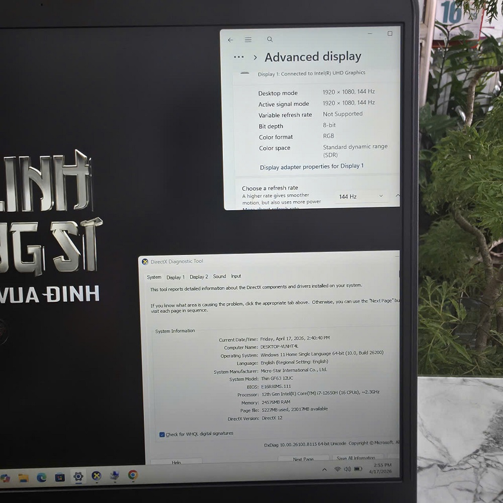Gaming - Đồ Họa MSI Thin GF63 12UC-887VN MÁY 99% CORE I7-12650H RAM 24GB SSD 512GB RTX 3050 4GB MÀN HÌNH : 15.6 Inch FHD 144Hz