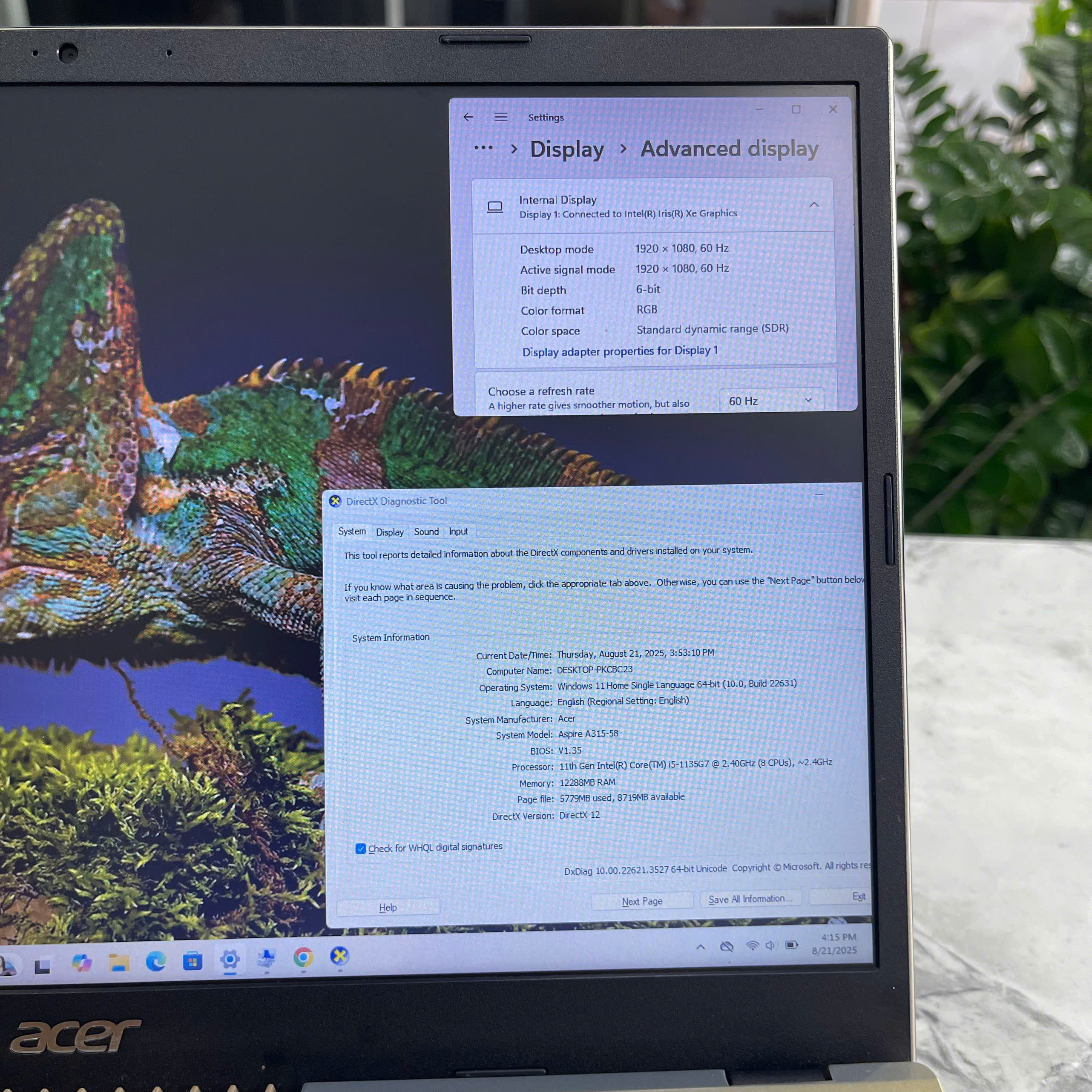 Acer Aspire 3 A315-58-589K Core I5-1135g7 Ram 12GB Ssd 256GB Và 500GB Hdd Màn hình : 15.6inch Full HD IPS 
