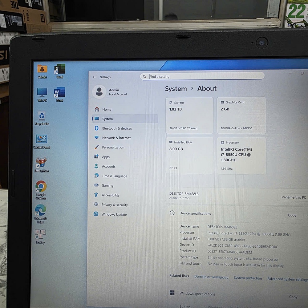 Acer Aspire E5 576G CORE I7-8550U RAM 8GB SSD 128GB VÀ 1.000GB HDD NVIDIA Geforce MX130 2GB GDDR5 MÀN HÌNH : 15.6 Inch Fhd IPS
