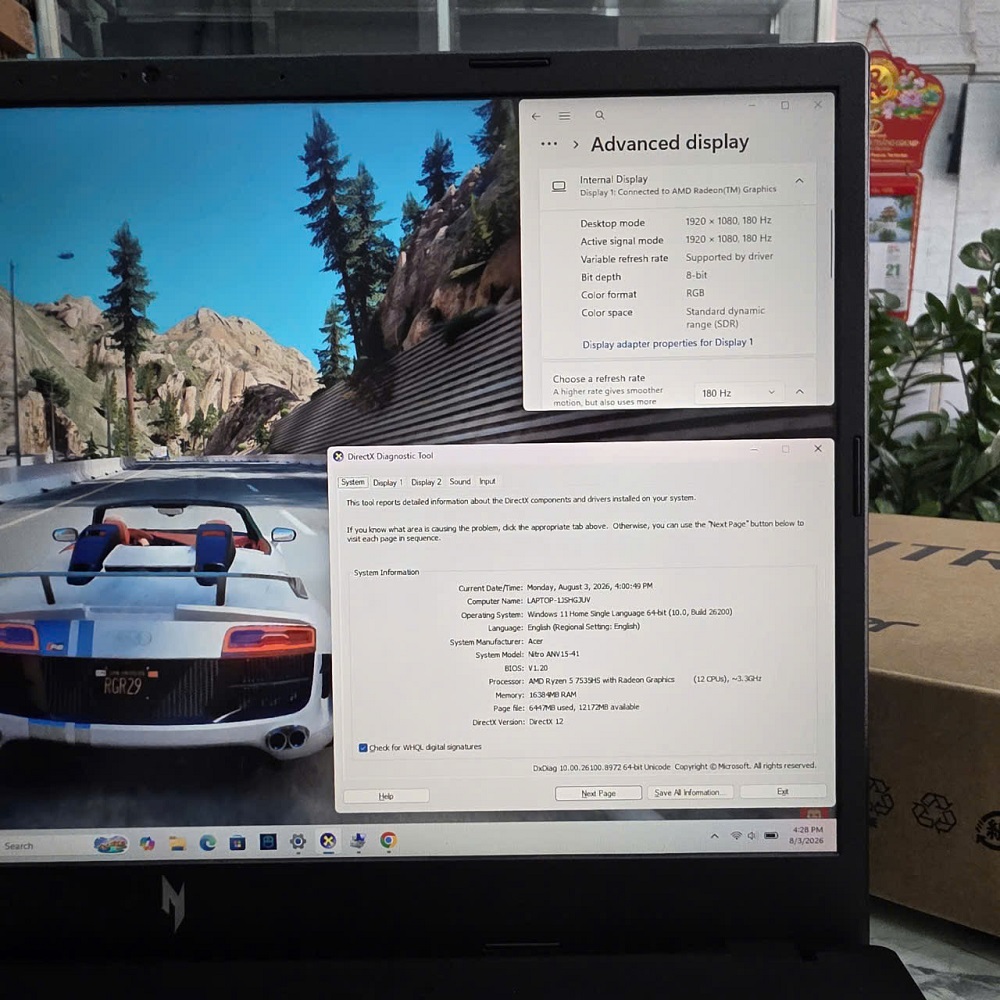  ACER NITRO V 15 ProPanel ANV15-41-R7CR Máy LikeNew-Còn Bảo Hành Hãng RYZEN 5-7535HS RAM 16GB SSD 512GB RTX 4050 6GB GDDR6 VRAM MÀN HÌNH : 15.6''IPS 180Hz. 