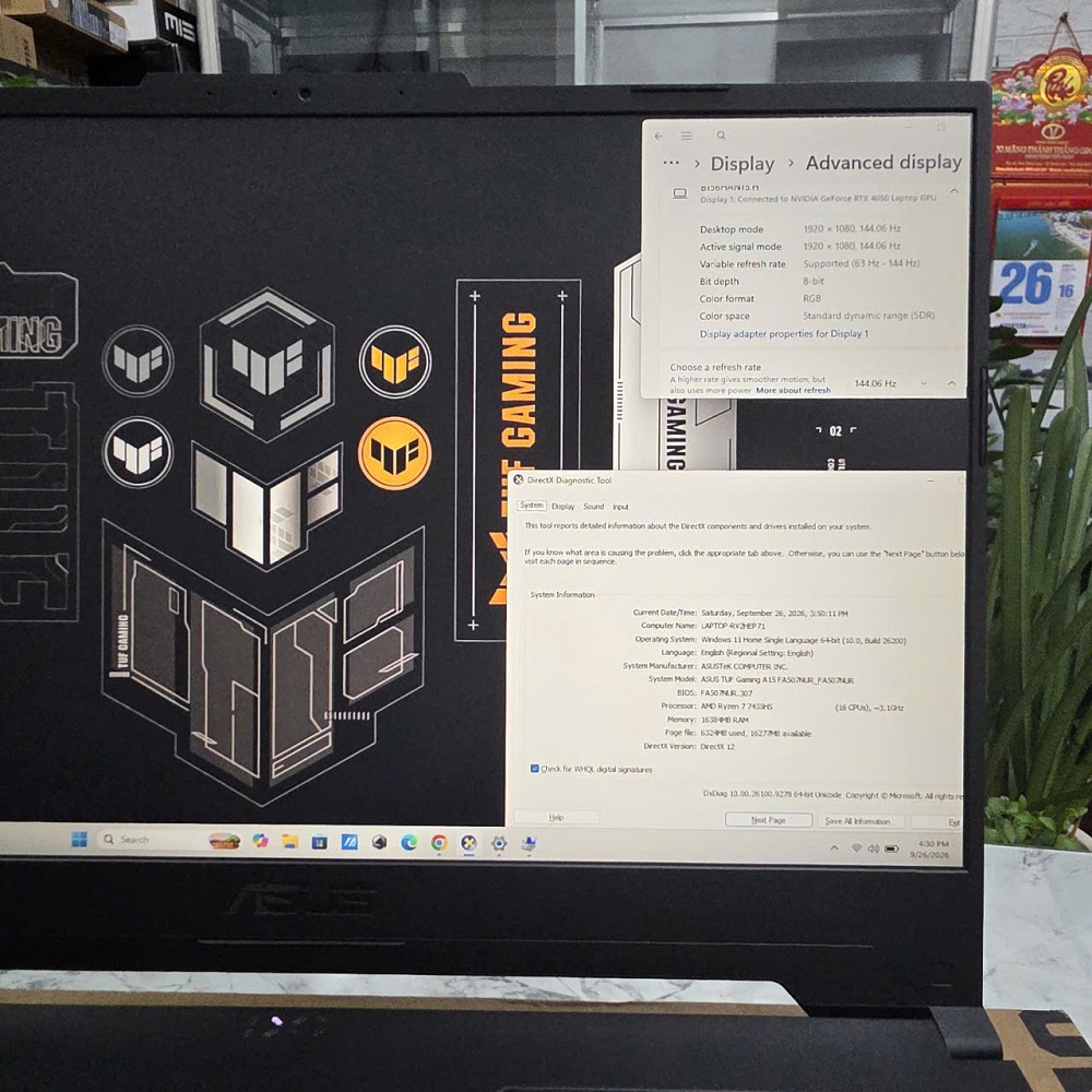 ASUS TUF A15 FA507NUR (Máy LikeNew-Bảo hành 31/12/2027 ) RYZEN 7 7435HS RAM 16GB SSD 512GB RTX 4050 6GB MÀN HÌNH : 15.6 INCH FULLHD 144Hz, 250 nits, 100% sRGB