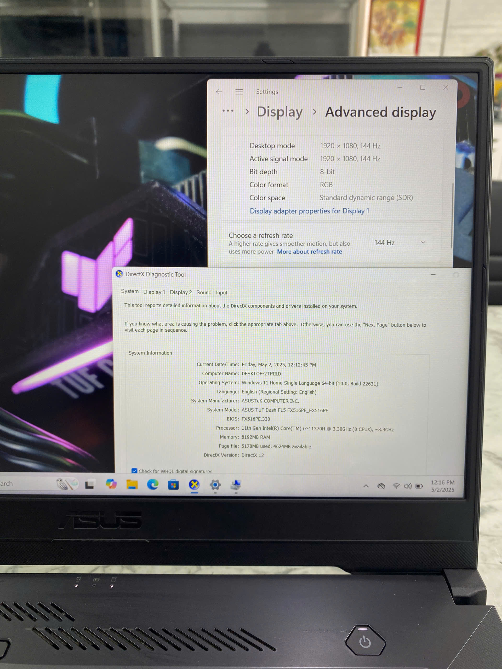 Asus TUF Dash F15 FX516PE-HN005T Core I7-11370H Ram 8gb Ssd 512gb Vga RTX 3050Ti (4GB) Màn 15.6 Inch IPS 144Hz