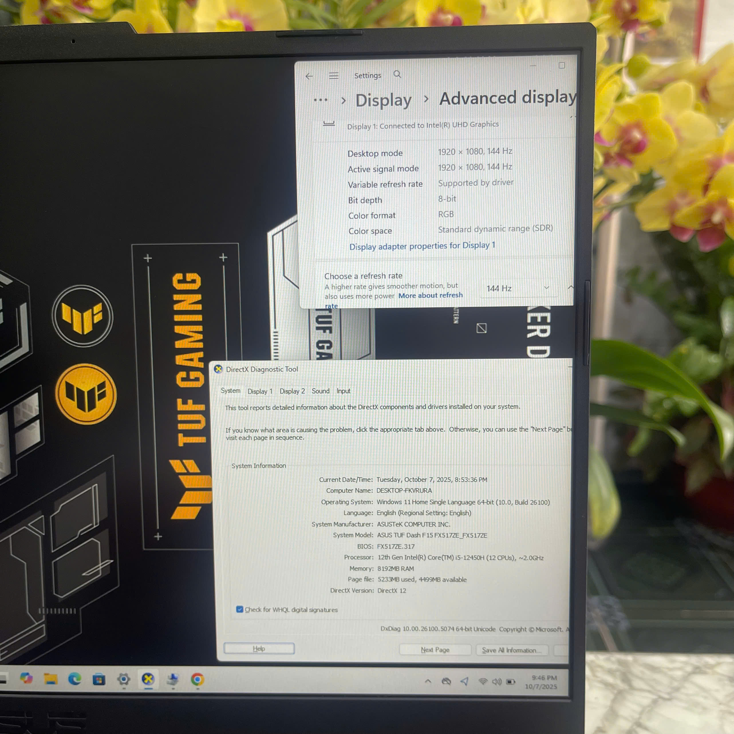 Asus TUF Dash F15 FX517ZE-HN045W Core I5-12450H RAM 8GB SSD 512GB Vga RTX 3050Ti (4GB) MÀN : 15.6 Inch IPS 144Hz