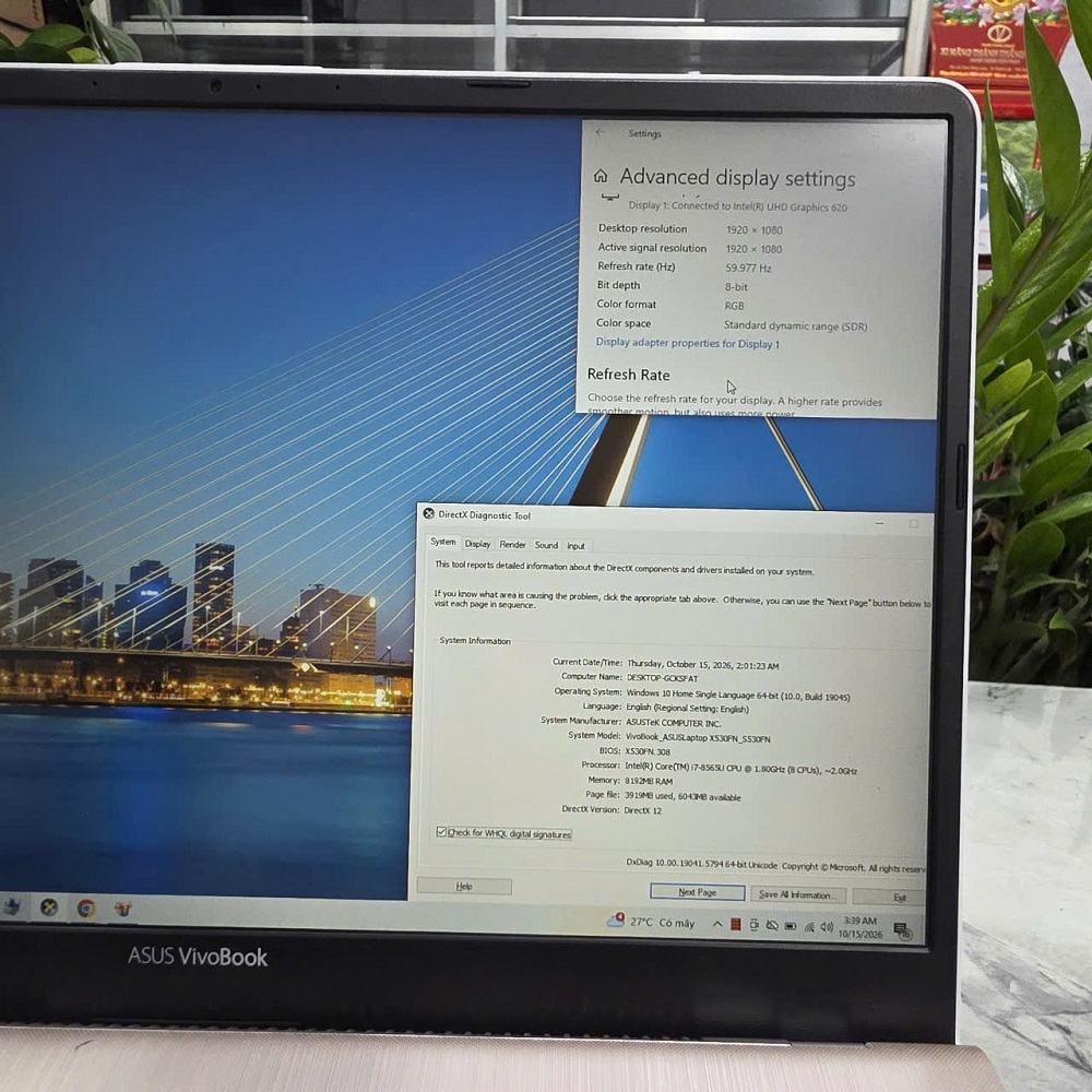 ASUS VivoBook S530FN VỎ NHÔM NGUYÊN KHỐI CORE I7-8565U RAM 8GB SSD 240GB GeForce MX150 MÀN HÌNH : 15.6 INCH