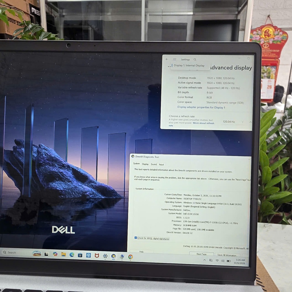 DELL 15 DC15250 DC5I7748W1 CORE I7-1355U RAM 16GB SSD 512GB MÀN HÌNH : 15.6 Inch IPS 120Hz