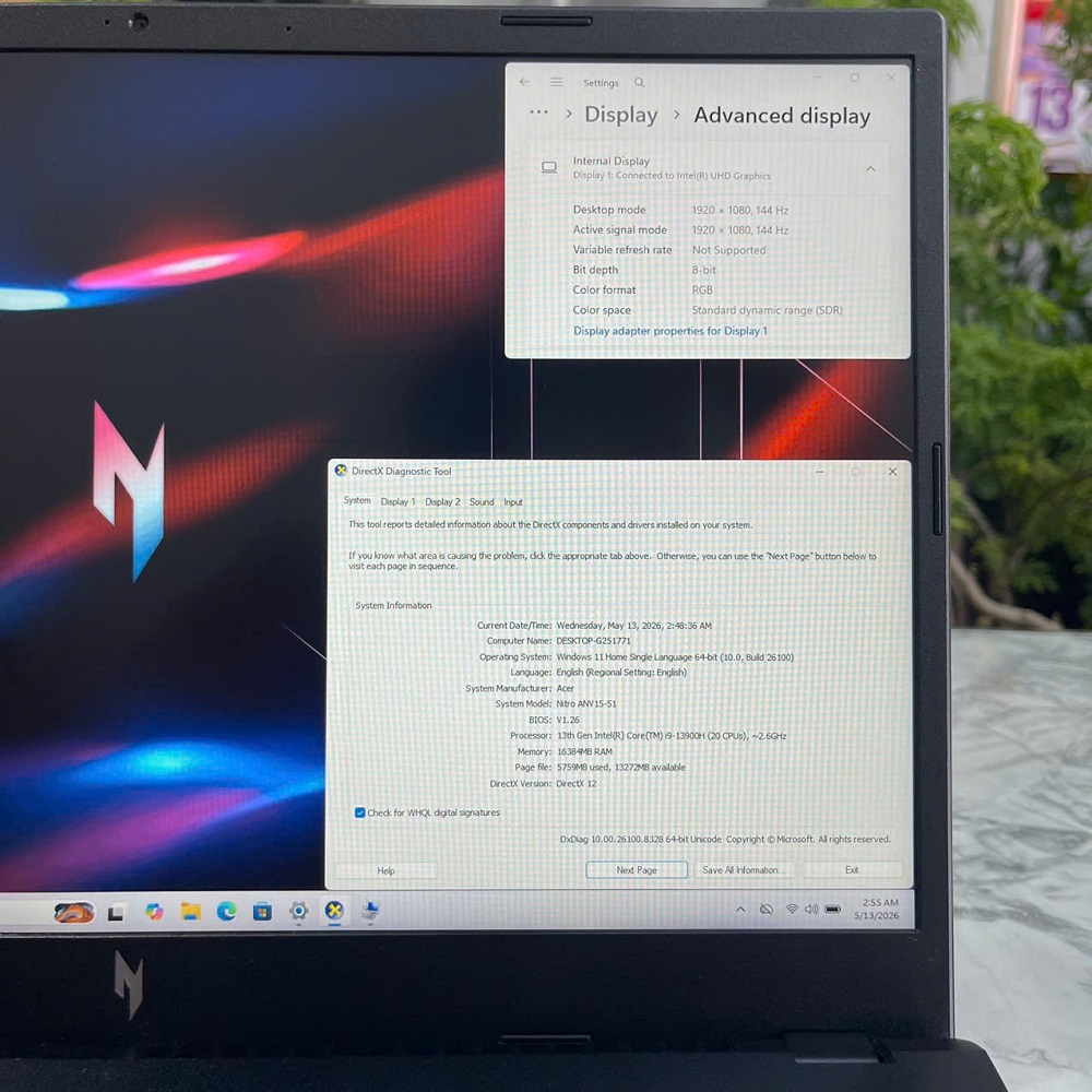 Gaming - Đồ Họa Acer Nitro V ANV15-51-91T5 CORE I9-13900H RTX4060 8GB GDDR6 RAM 16GB SSD 512GB MÀN HÌNH : 15.6 Inch FHD IPS 144Hz