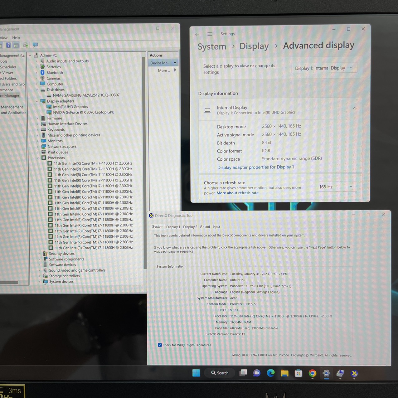Gaming-Đồ họa Acer Predator Triton 300 PT315-53-71DJ MÁY LIKENEW (CÒN BẢO HÀNH HÃNG) Core i7-11800H RAM 16GB SSD 512GB Nvidia GeForce RTX 3070( 8GB GDDR6), Màn hình 15.6 inch QHD IPS 165Hz 