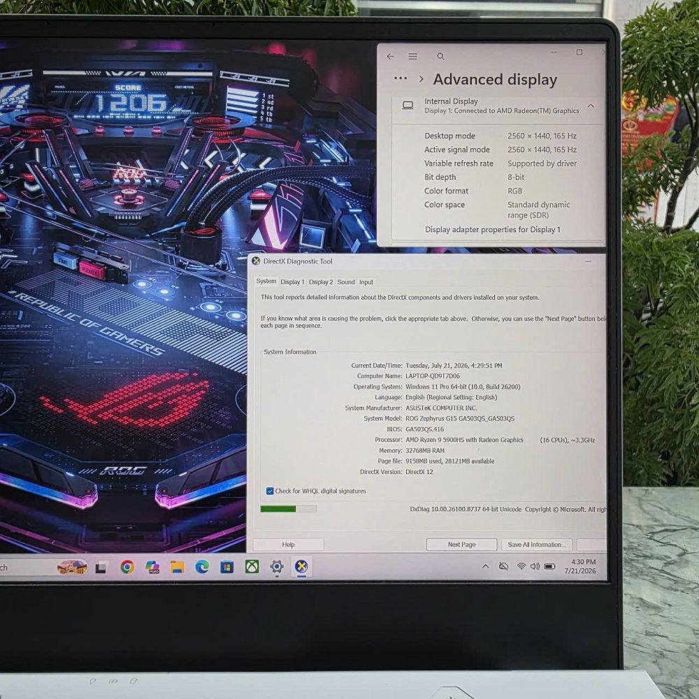 Gaming - Đồ Họa ASUS ROG Zephyrus G15 GA503QS RYZEN 9 5900HS RAM 32GB SSD 1.000GB RTX 3080 8GB GDDR6 MÀN HÌNH : 15.6'' Inch 2K WQHD 165Hz