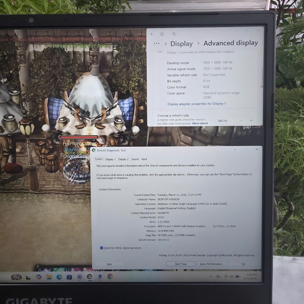 Gaming - Đồ Họa Gigabyte A5 K1 AX200NGW RYZEN 5-5600H RTX 3060 6GB RAM 16GB DUNG LƯỢNG 1.000GB SSD + DATA 500GB MÀN HÌNH : 15.6''Inch Fhd IPS 144Hz