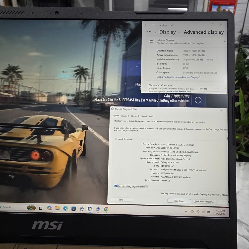 Gaming - Đồ Họa MSI Cyborg 15 AI A1VEK-024XKR Ultra 7 155H RAM 16GB SSD 512GB RTX4060 8GB MÀN HÌNH : 15.6''Inch IPS 144Hz