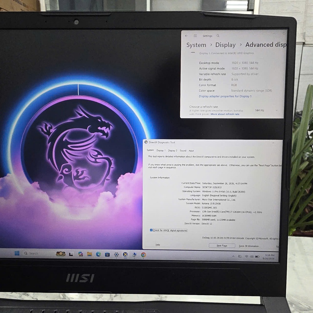 Gaming - Đồ Họa MSI Katana 15 B13VGK Máy LikeNew CORE I7-12650H RAM 16GB SSD 512GB RTX 4070 8GB GDDR6 MÀN HÌNH : 15.6 Inch 144Hz