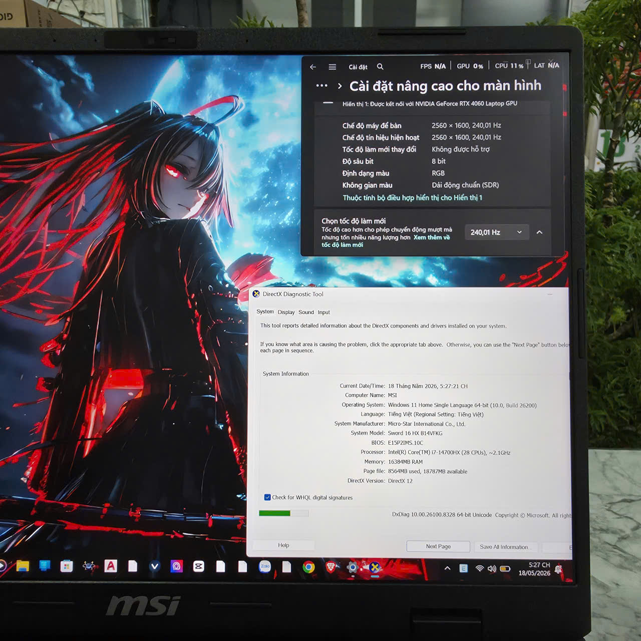 Gaming - Đồ Họa MSI Sword 16 HX B14VFKG-045VN MÁY 99% - BẢO HÀNH HÃNG CORE I7-14700HX RTX 4060 GDDR6 8GB SSD 1.000GB RAM 16GB MÀN HÌNH : 16 INCH QHD+