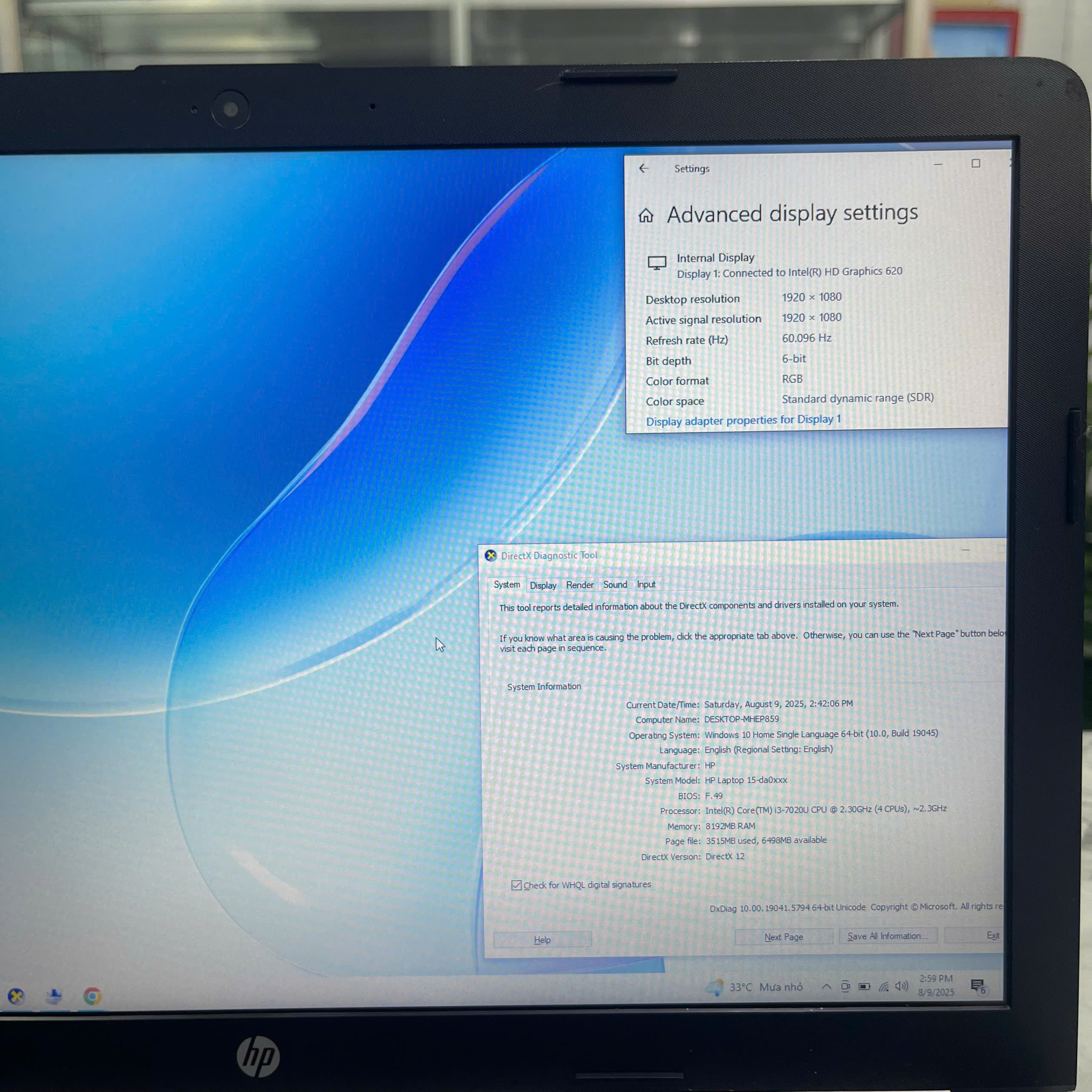 HP 15 da0443TX  Core I3-7020U Ram 8GB Ssd 256GB Và 1.000GB Hdd NVIDIA GeForce MX110, 2GB Màn Hình 15.6'' Inch FHD IPS
