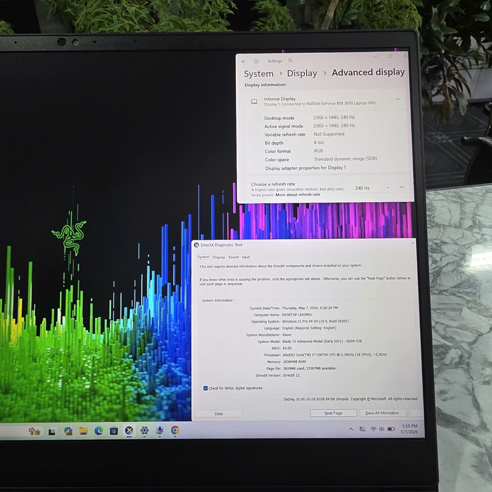 Razer Blade 15 Advanced Model (2021) CORE I7-10875H RAM 16GB SSD 512GB RTX 3070 8GB MÀN HÌNH : 15.6 INCH QHD 240Hz